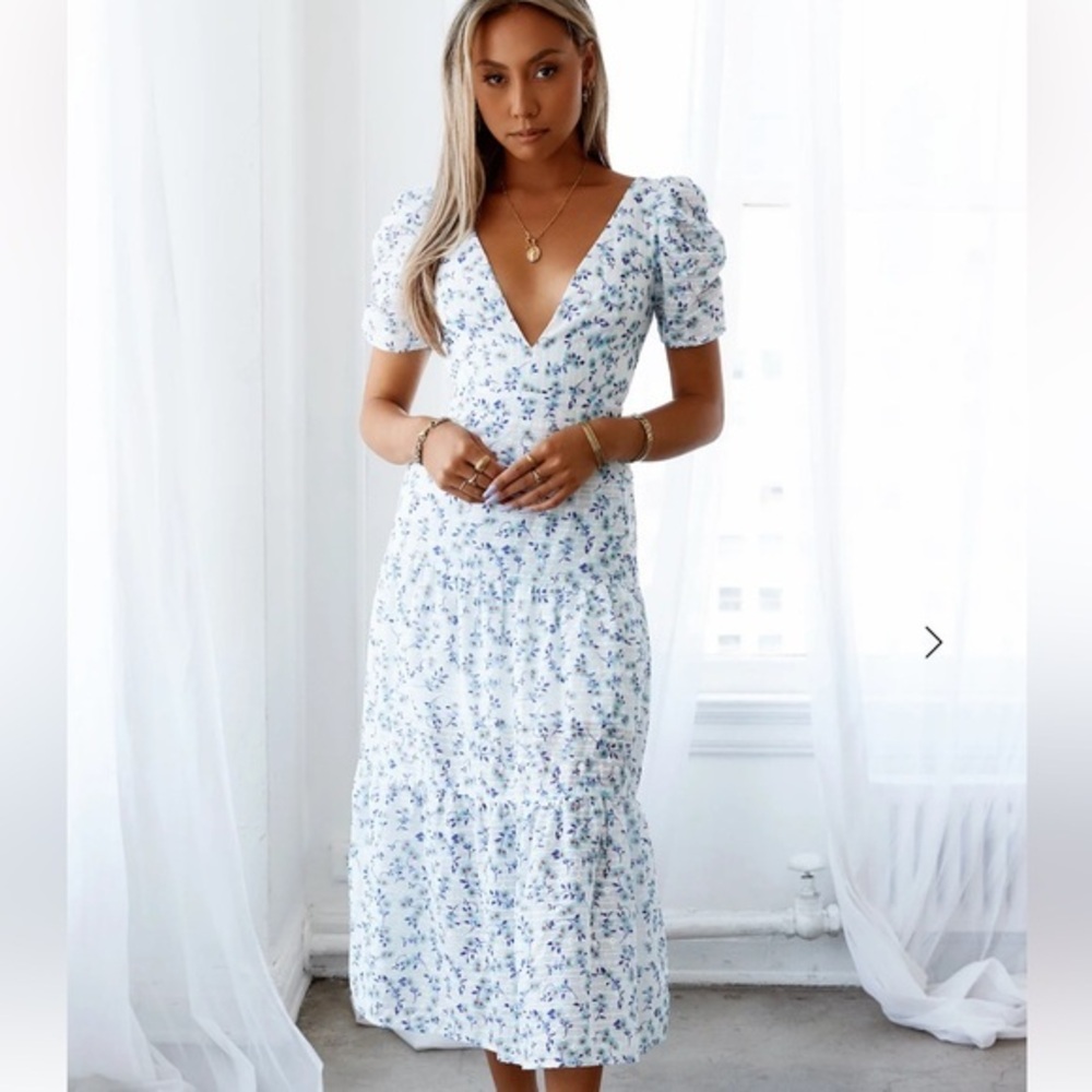 HELLO MOLLY FLOWER GARDEN MIDI DRESS BLUE Sz S